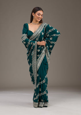 Bottle Green Threadwork Satin Saree