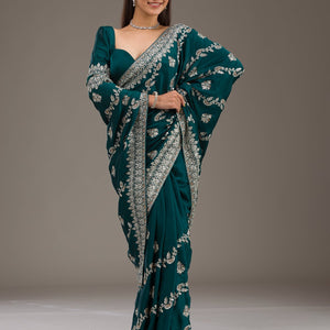 Bottle Green Threadwork Satin Saree