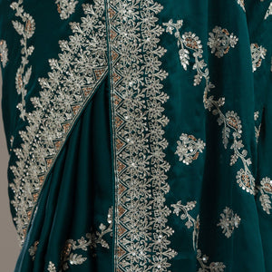Bottle Green Threadwork Satin Saree