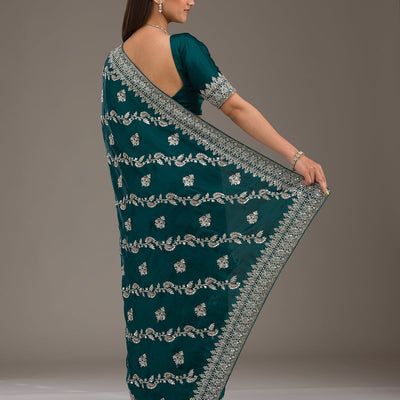 Bottle Green Threadwork Satin Saree