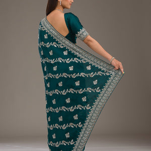 Bottle Green Threadwork Satin Saree