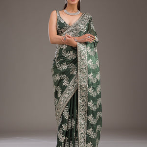 Bottle Green Threadwork Tissue Saree