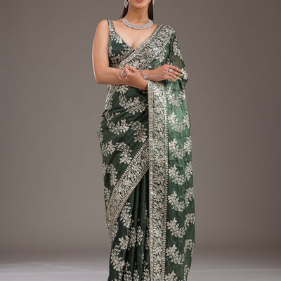 Bottle Green Threadwork Tissue Saree