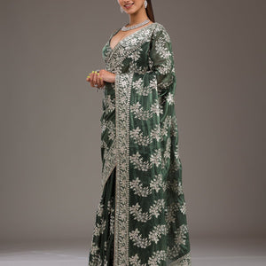 Bottle Green Threadwork Tissue Saree