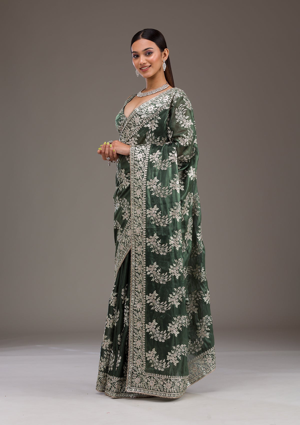 Bottle Green Threadwork Tissue Saree