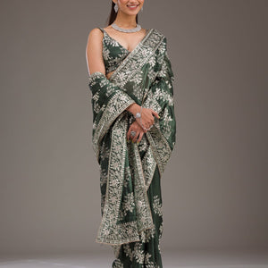 Bottle Green Threadwork Tissue Saree