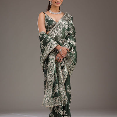 Bottle Green Threadwork Tissue Saree