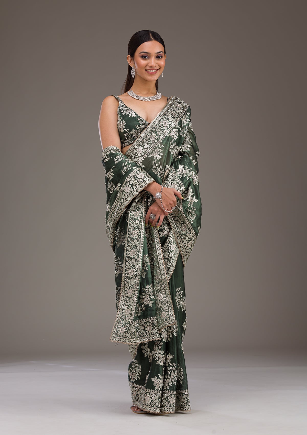 Bottle Green Threadwork Tissue Saree