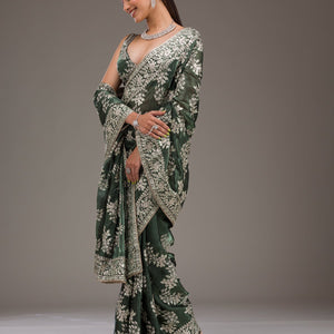 Bottle Green Threadwork Tissue Saree