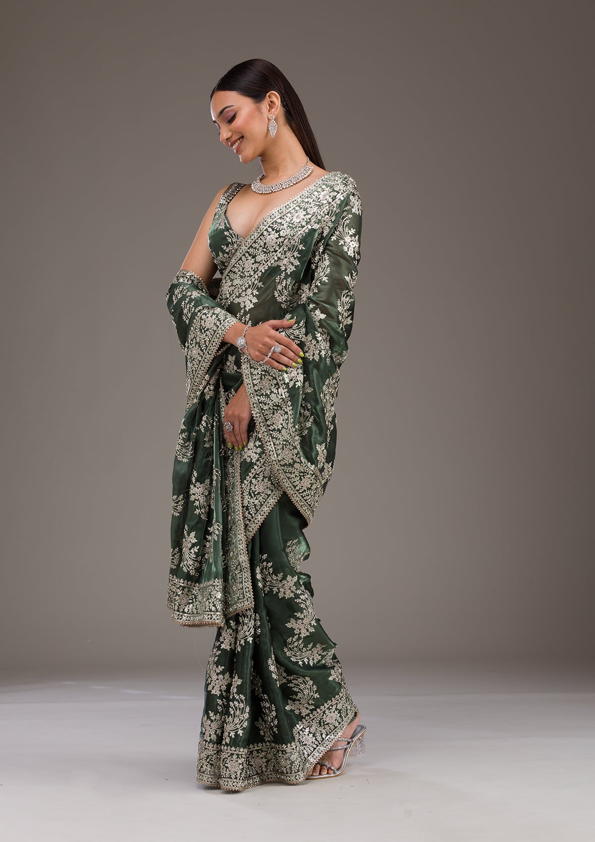 Bottle Green Threadwork Tissue Saree