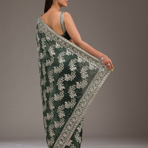 Bottle Green Threadwork Tissue Saree