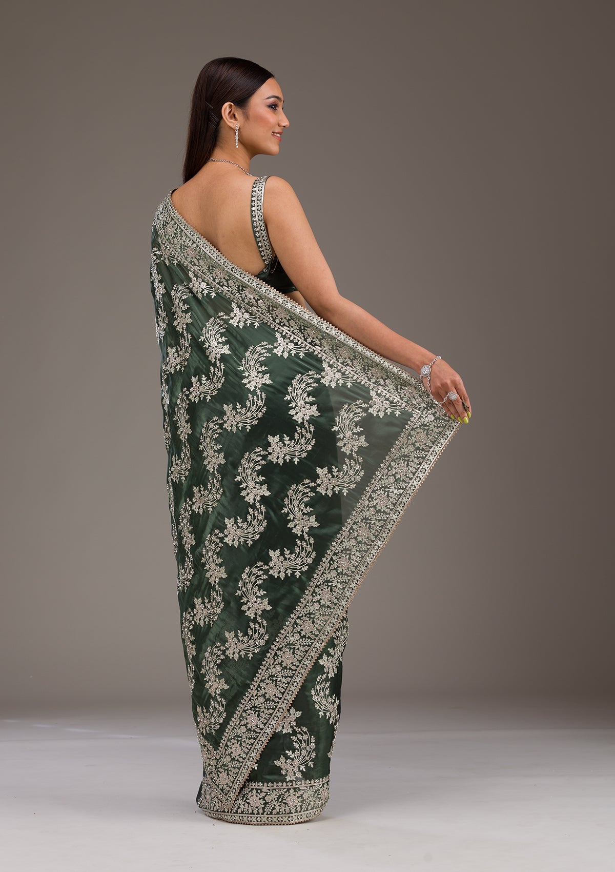Bottle Green Threadwork Tissue Saree