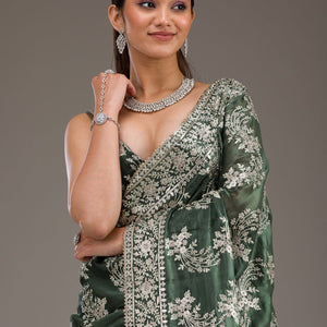 Bottle Green Threadwork Tissue Saree