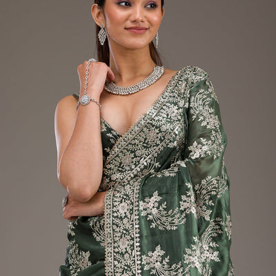 Bottle Green Threadwork Tissue Saree