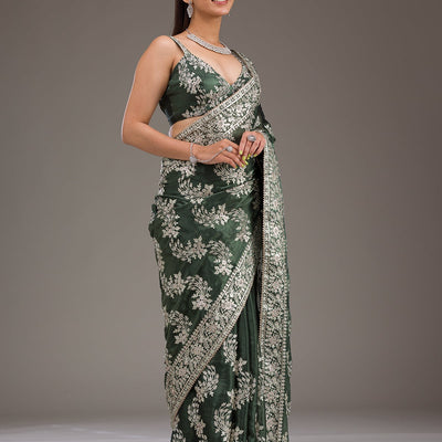 Bottle Green Threadwork Tissue Saree