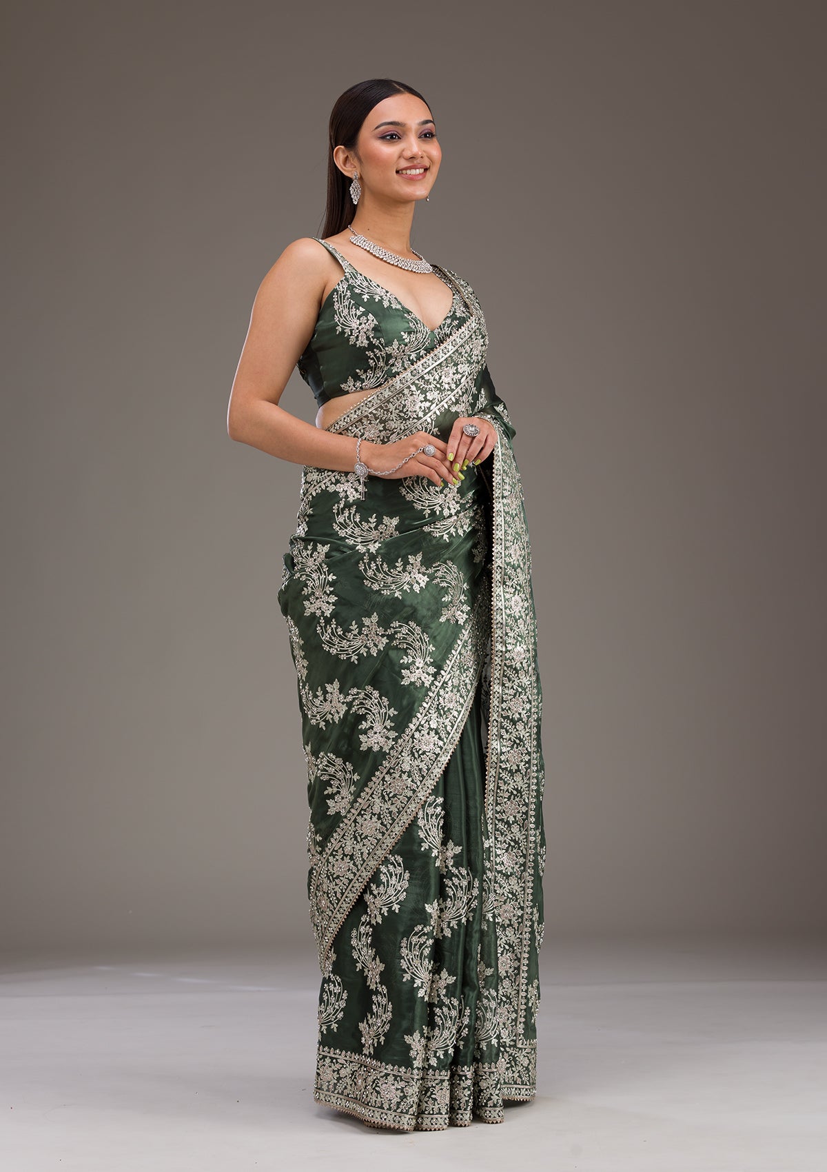 Bottle Green Threadwork Tissue Saree