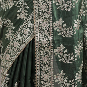Bottle Green Threadwork Tissue Saree