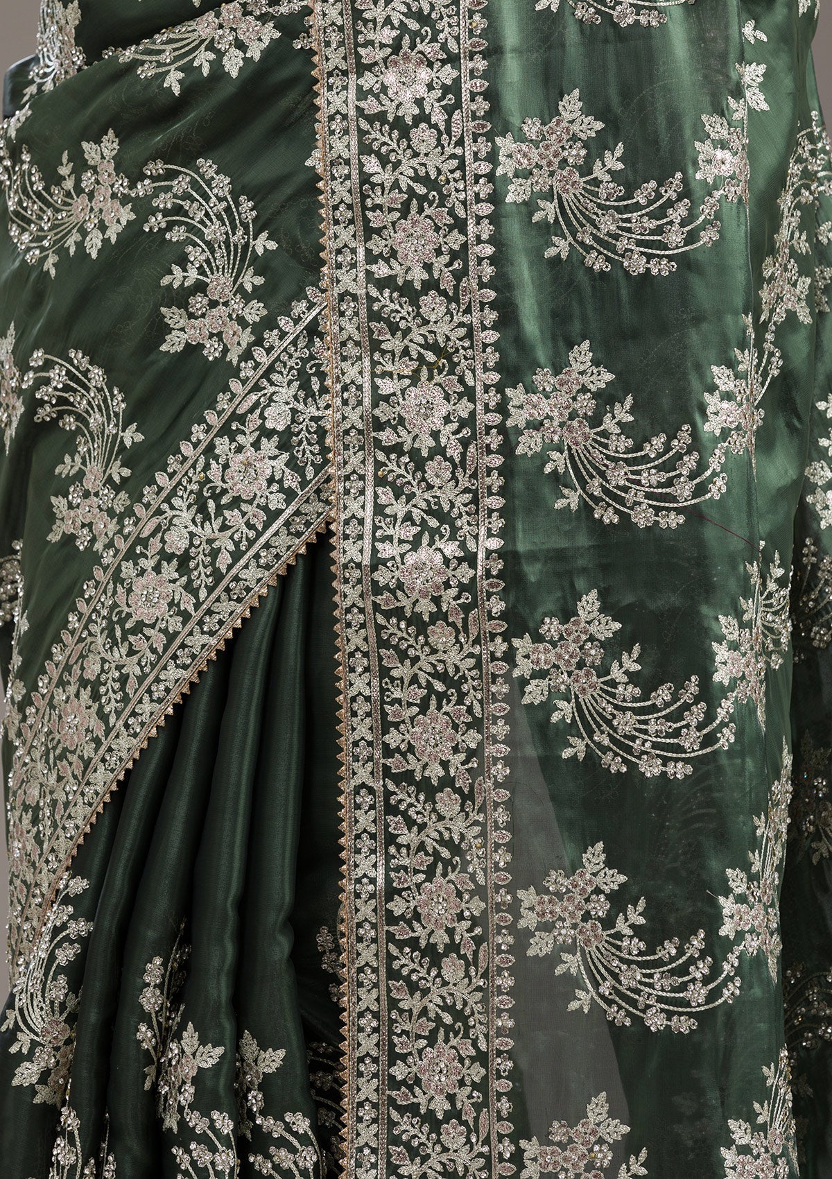 Bottle Green Threadwork Tissue Saree