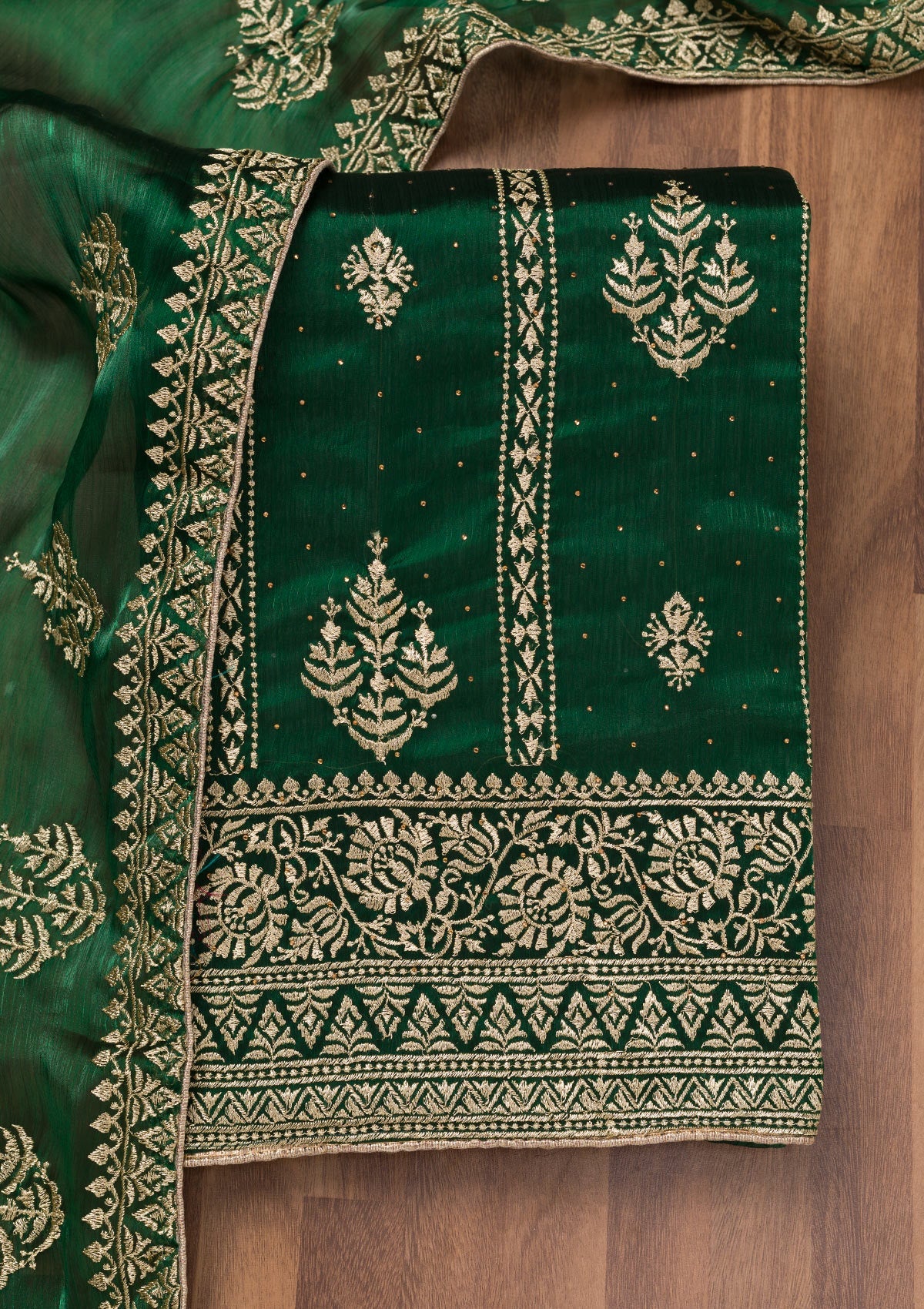 Bottle Green Zariwork Semi Crepe Unstitched Salwar Suit