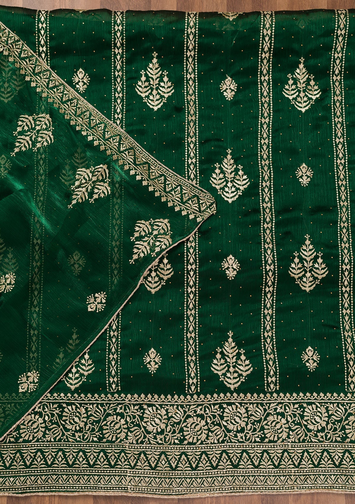 Bottle Green Zariwork Semi Crepe Unstitched Salwar Suit
