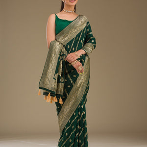Bottle Green Zariwork Semi Crepe Saree