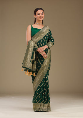 Bottle Green Zariwork Semi Crepe Saree