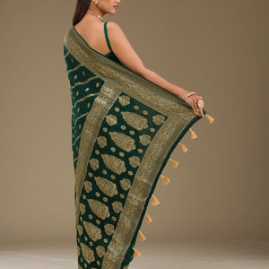 Bottle Green Zariwork Semi Crepe Saree