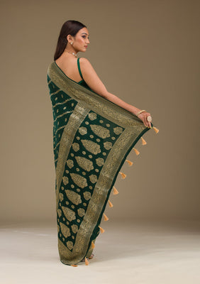 Bottle Green Zariwork Semi Crepe Saree