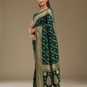 Bottle Green Zariwork Semi Crepe Saree