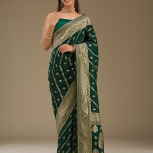Bottle Green Zariwork Semi Crepe Saree