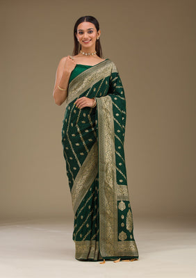Bottle Green Zariwork Semi Crepe Saree