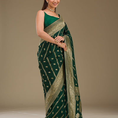 Bottle Green Zariwork Semi Crepe Saree