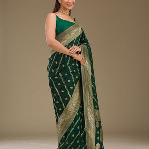 Bottle Green Zariwork Semi Crepe Saree