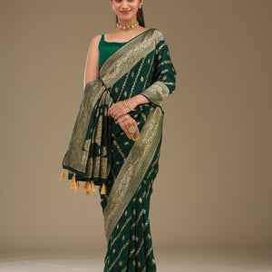 Bottle Green Zariwork Semi Crepe Saree