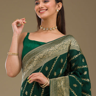 Bottle Green Zariwork Semi Crepe Saree