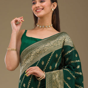 Bottle Green Zariwork Semi Crepe Saree