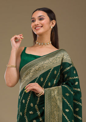 Bottle Green Zariwork Semi Crepe Saree