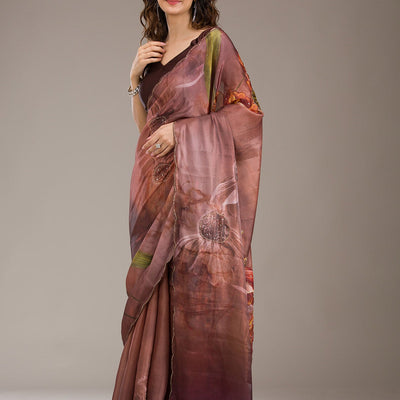 Brown Printed Tissue Saree