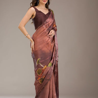 Brown Printed Tissue Saree