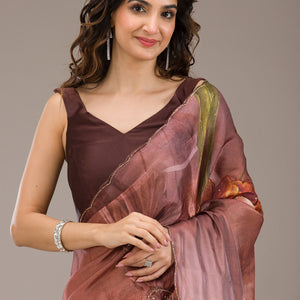 Brown Printed Tissue Saree