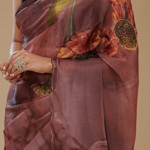 Brown Printed Tissue Saree