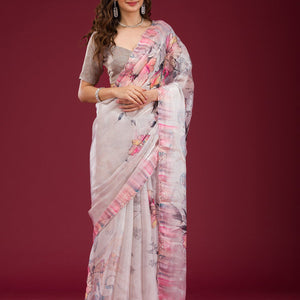 Cream Printed Tissue Saree