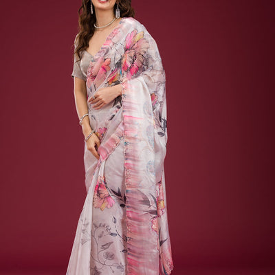 Cream Printed Tissue Saree