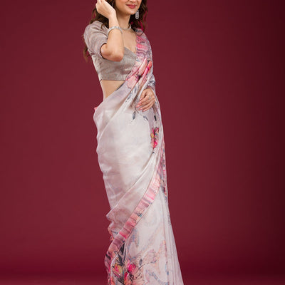 Cream Printed Tissue Saree