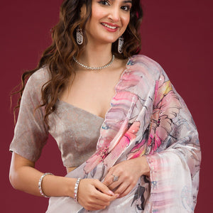 Cream Printed Tissue Saree