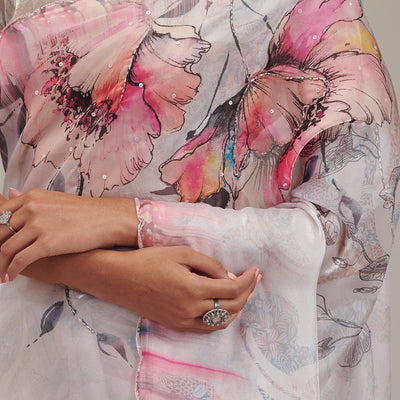 Cream Printed Tissue Saree