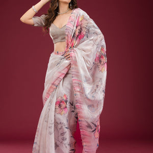 Cream Printed Tissue Saree