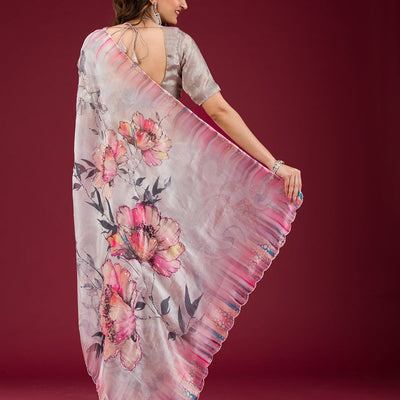 Cream Printed Tissue Saree