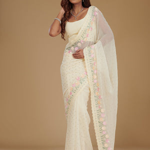 Cream Sequins Georgette Saree