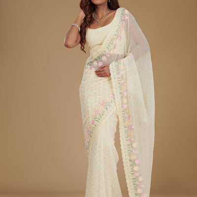 Cream Sequins Georgette Saree